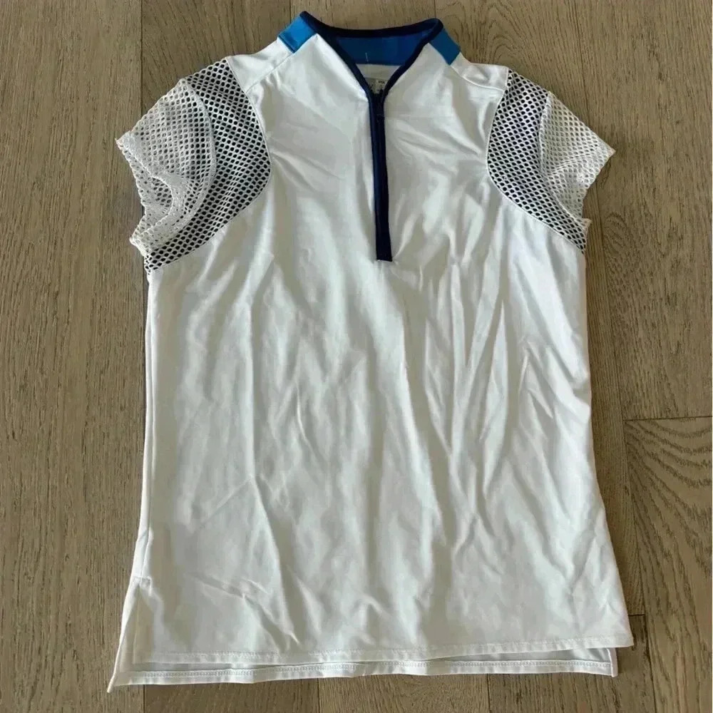 Lucky in Love White Short Sleeve Mesh Sleeve Polo with Blue Trim